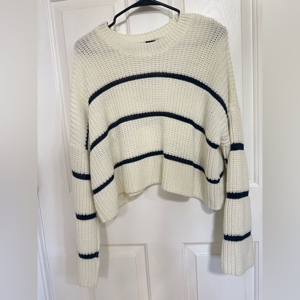 moon & madison Cream and Navy blue Striped Sweater